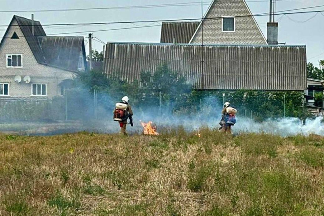 Рятувальники гасять загоряння сухої трави поблизу будинків, Житомирщина, серпень 2024 року